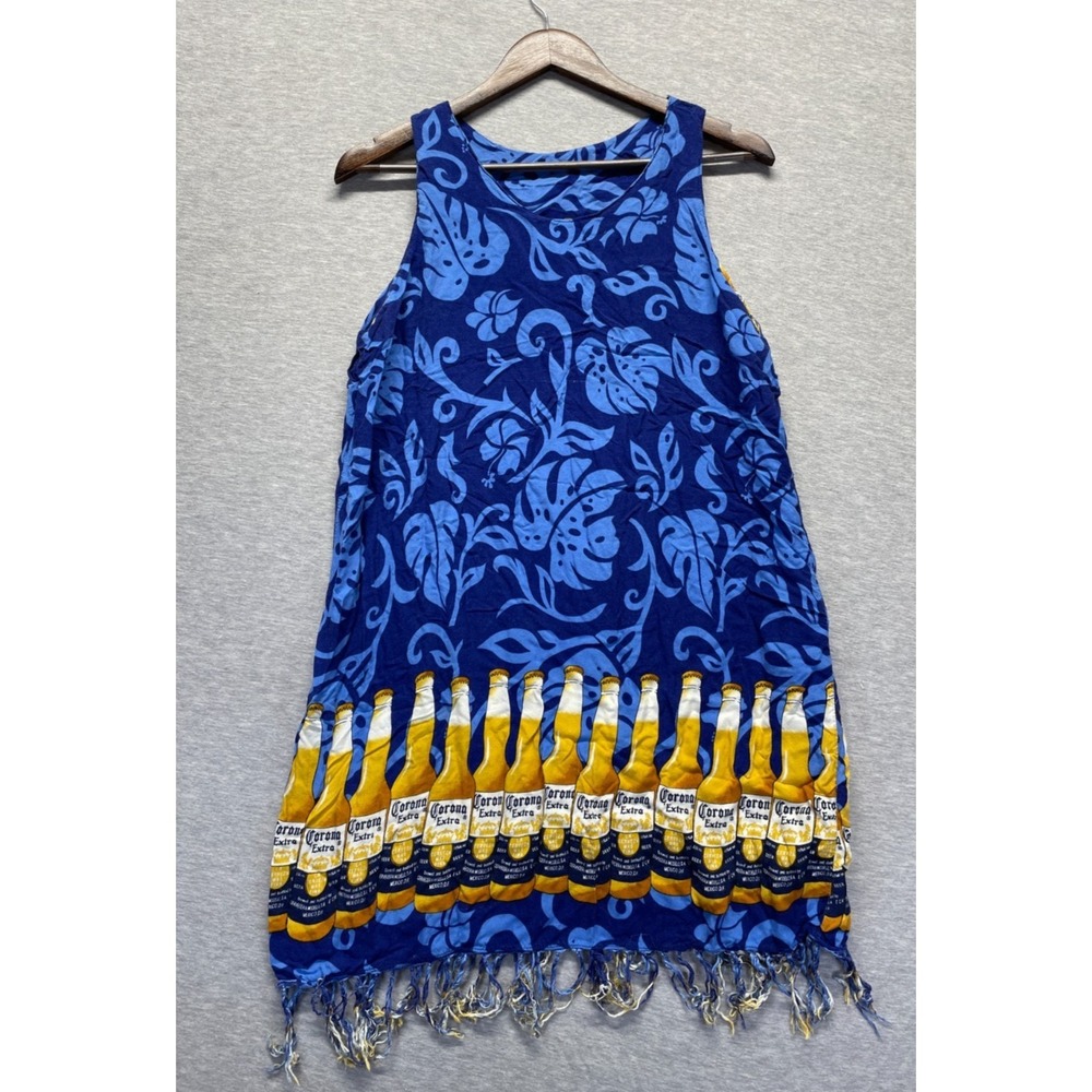 Corona Mini Dress Women's Medium Blue Extra Beer Print Fringe Hem Sleeveless‎